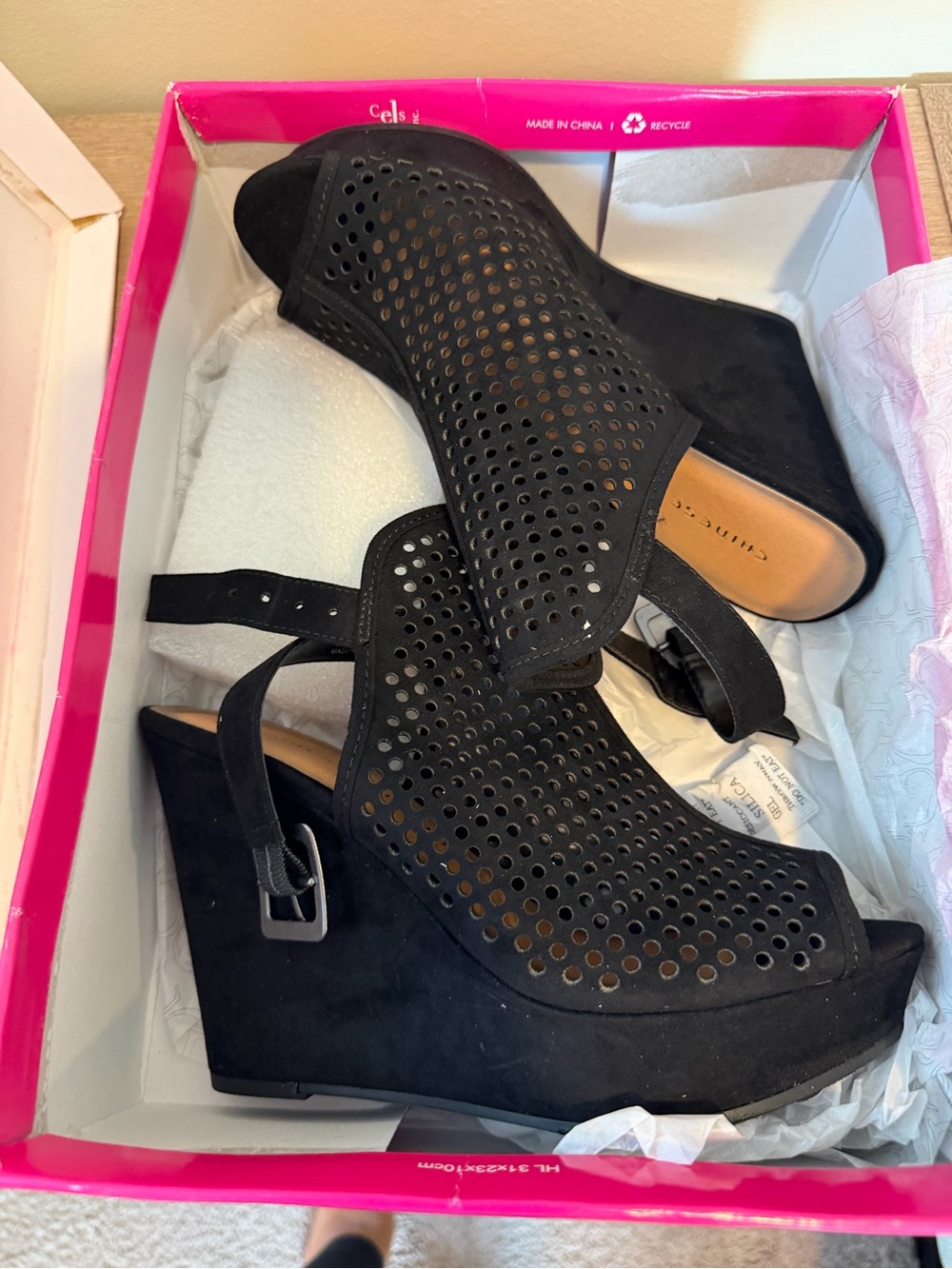 Chinese Laundry Z-Iris Micro Suede Black Perforated Wedge Sandals - Women